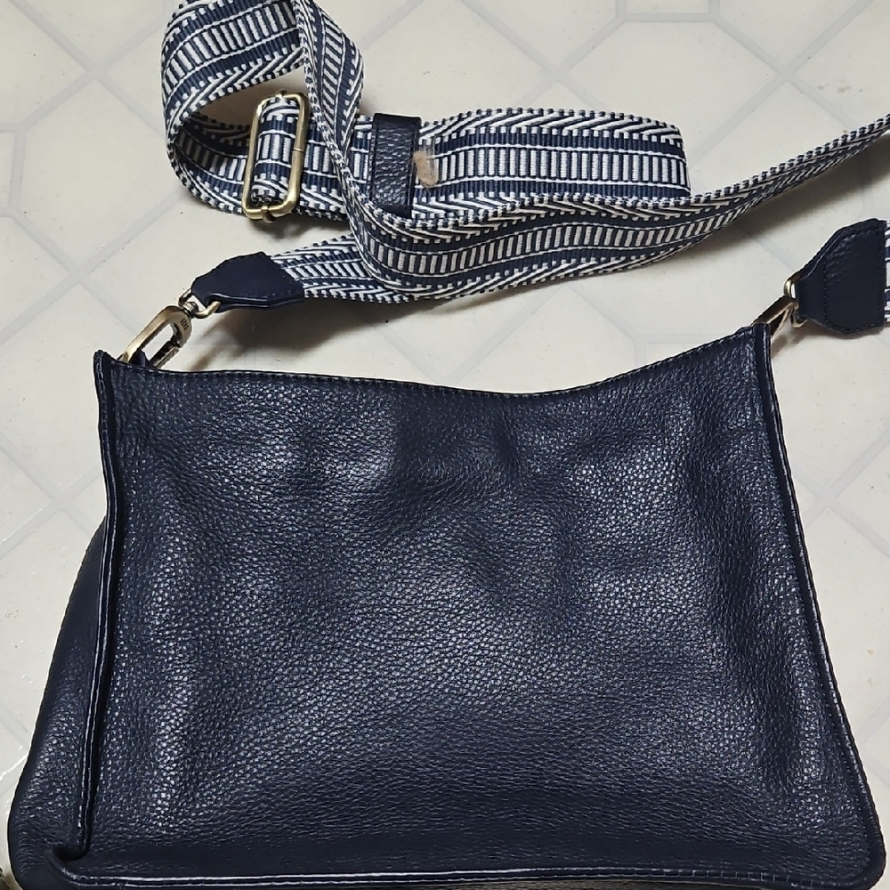 Women's  HOBO Navy Leather Crossbody Bag with Patterned Strap Like New